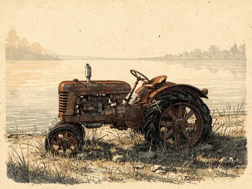 An old rusted farm tractor with a bare metal seat, standing in long grass at a lake shore.