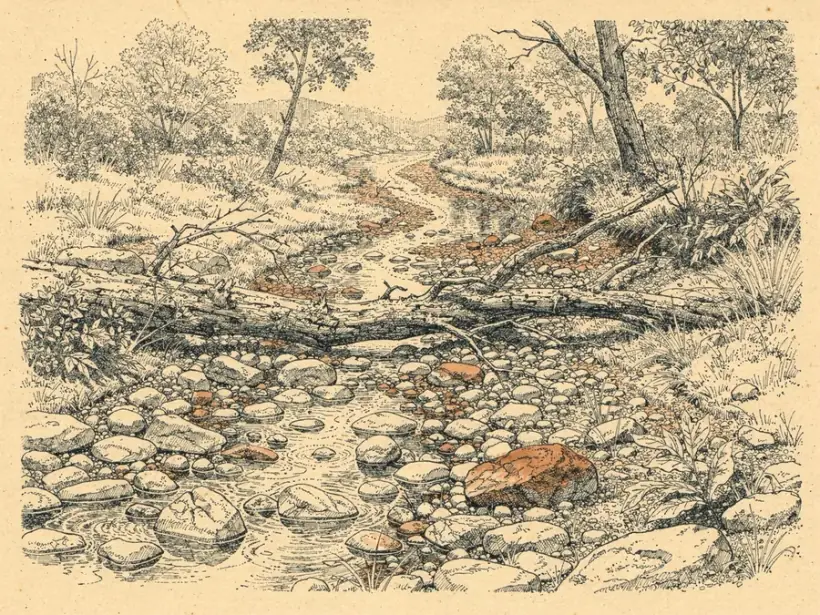 A dry rocky creek bed winding through woodland, with a large fallen branch across it.