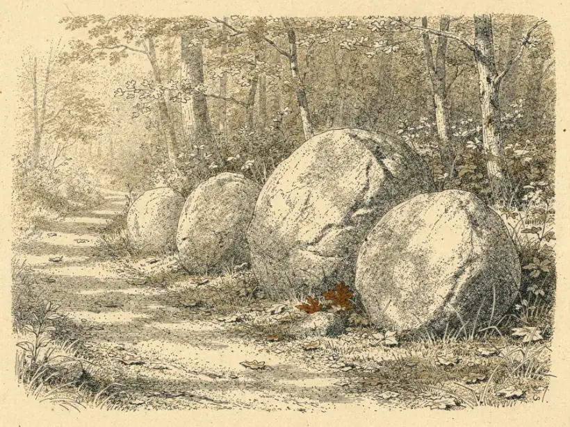 A row of large pale grey boulders lining a woodland trail in dappled light.