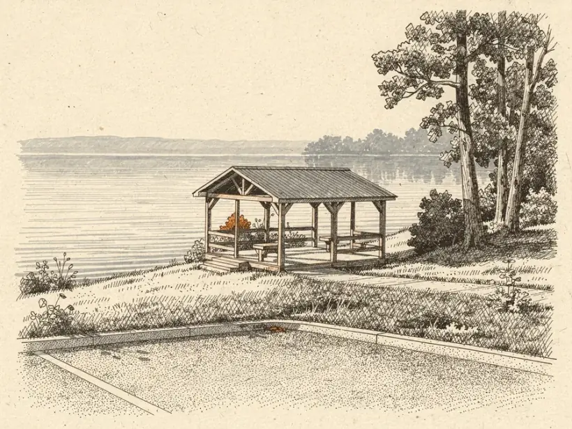 An open timber pavilion on a rise above a wide calm reservoir, with a few tall trees.