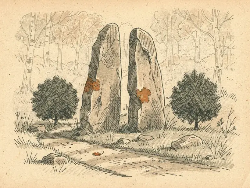Two tall weathered standing stones with a narrow gap, three small evergreens beyond them.